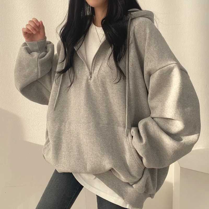 Women Hoodie Harajuku Loose Oversized Solid Color Top Half Zip Up Sweatshirt Female Casual Long Sleeve Pocket Hooded Coats 2025T251105