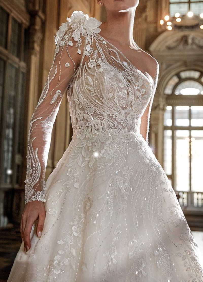 Simple A Line Bride Gowns One Shoulder Long Sleeve Applique Wedding Dress Sequins Beaded Floor Length Bridal Dresses Customized