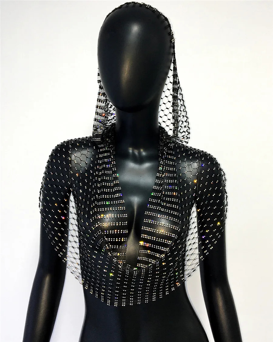 Sexy deep V-neck backless womens vest shiny rhinestone hollow see through fishnet cover tank top carnival crop top 250403