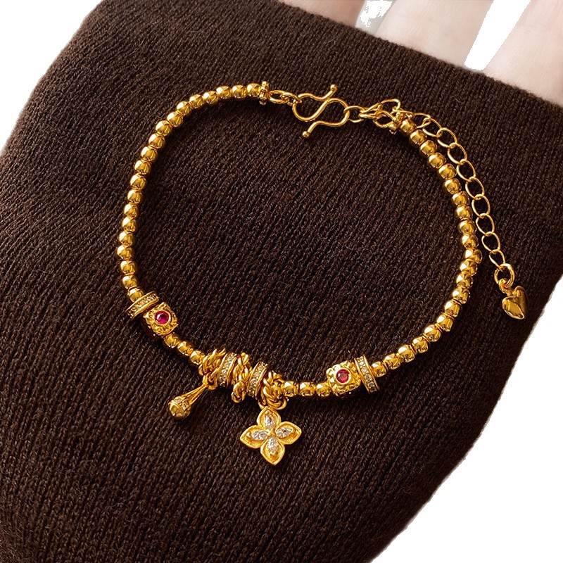 24K Real Gold Plated Metal Flower French Vintage Exquisite Elegant Bracelet Light Luxury High-end Feel Jewelry for Women