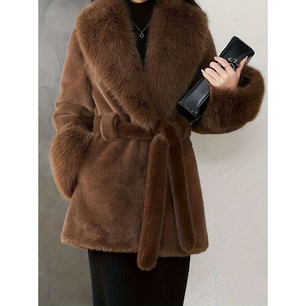 Plus Size Women's - Elegant V-Neck Long Coat With Lace-Up Front, Plush Faux Fur For Warmth, Chic Cold Weather Outerwear In ///Navy ///, Soft Lini