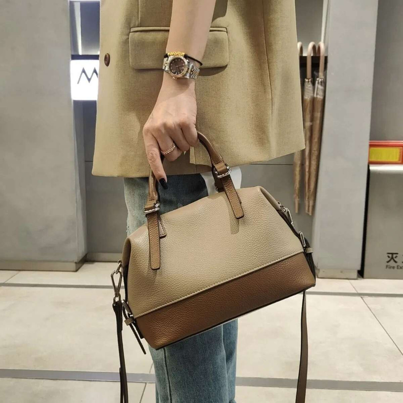 New Fashion Soft Thick Cow Leather Casual Bowg Tote Large Hit-Color Women Handbag 2 Straps Female Shoulder Crossbody Bag