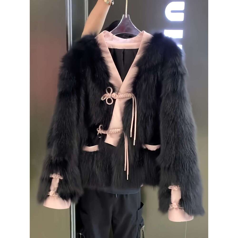 Women's Korean Chinese Style Coat H-Line Silhouette With Beltless Single-Button Closure, Pink Black Long Sleeve Fall/Winter, Retro Collar Ruffled