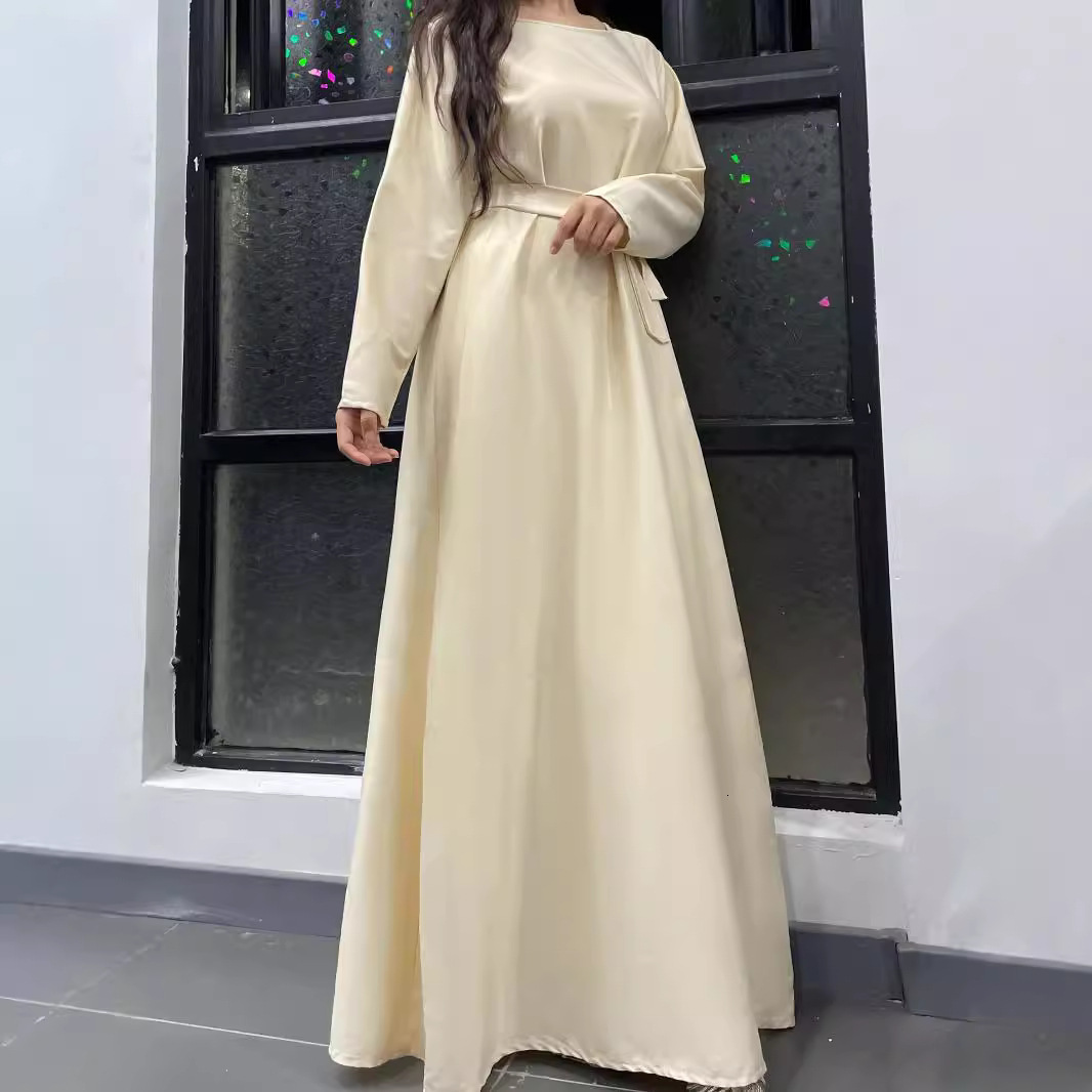 Autumn French Solid Color Interior Soft Satin Dress Dubai Home Reception Robe Abaya Maxi Dresses Islamic Clothing