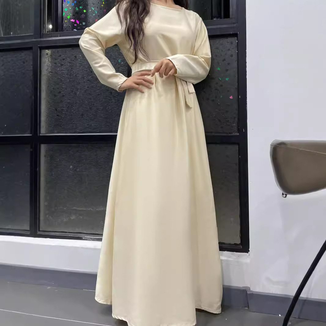 Autumn French Solid Color Interior Soft Satin Dress Dubai Home Reception Robe Abaya Maxi Dresses Islamic Clothing