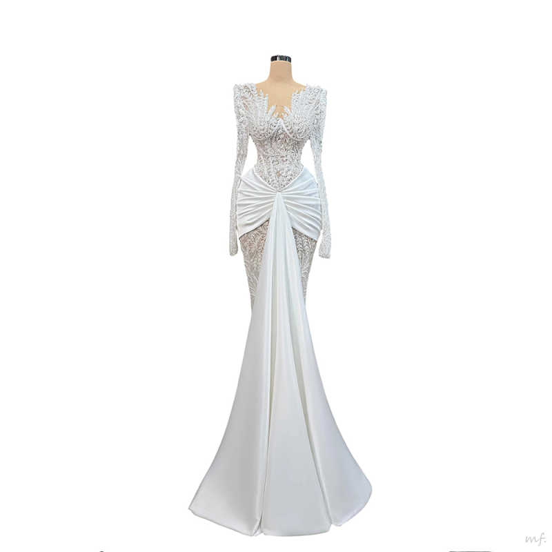 Elegant Mermaid Wedding Dresses V Neck Long Sleeve Beaded Pearl Appliques Formal Occasion Celebrity Dresses Customized