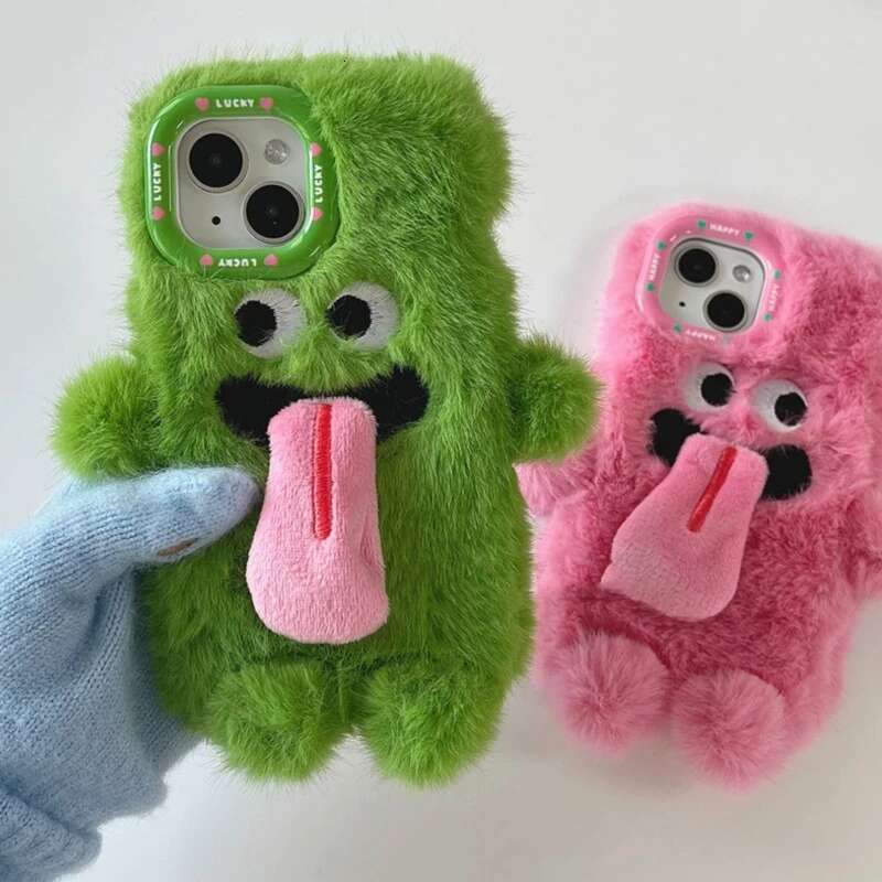 INS Couple Fur Monster Kiss Tongue Case For iPhone 16 15 14 13 12 11 Pro Max Korea Cute Cartoon Gift Anti-Drop Soft Back Cover