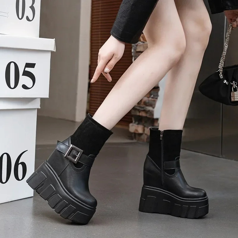 14CM Synthetic Genuine Leather Stretch Fabric Black Winter Plush Spring Knee High Ankle Boots Woman ZIP Motorcycle Autumn Shoes 251031