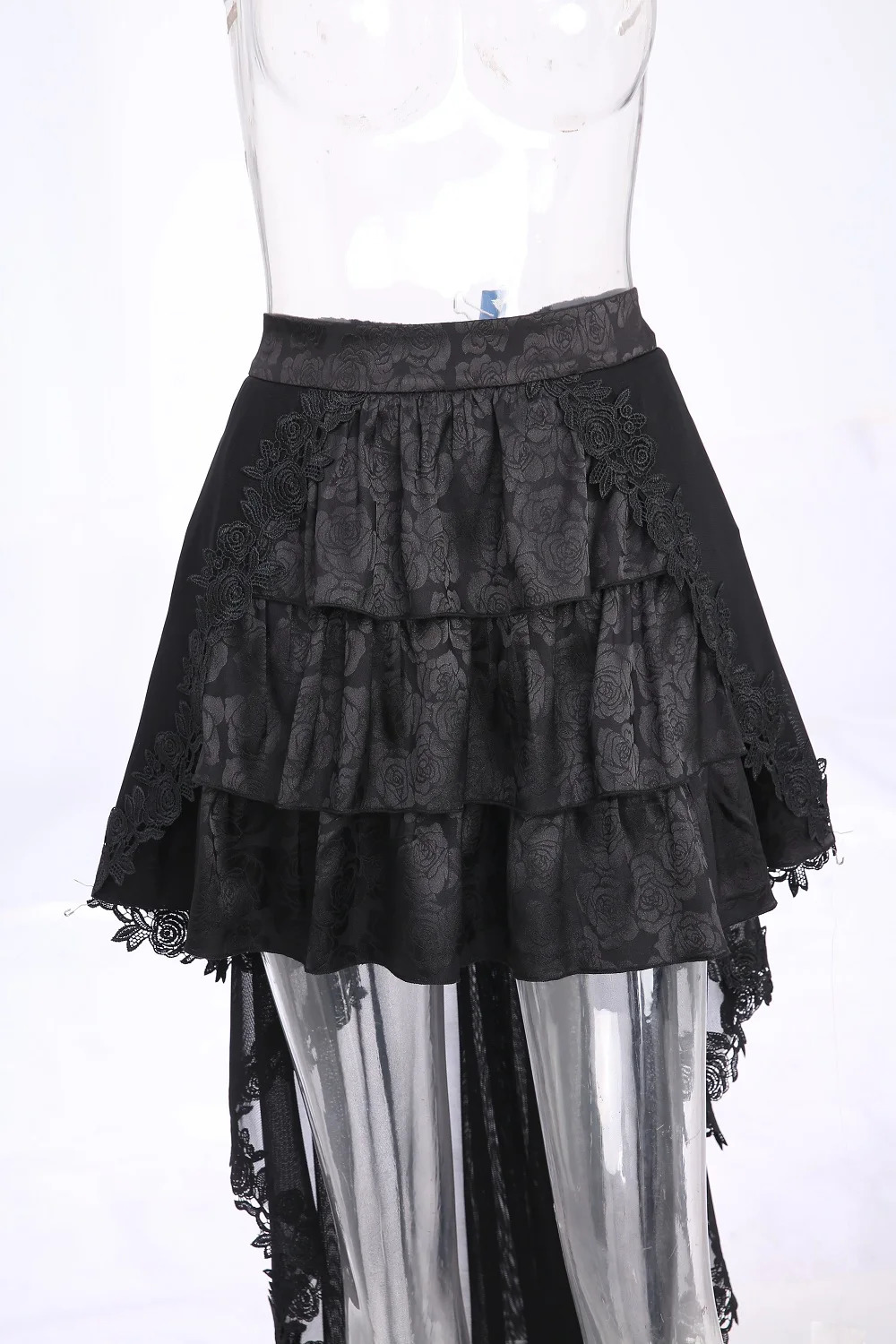 Rose Gothic Womens Ski Black Punk Flower Decal Mesh Lace Covered Jacquard Layered Ruffle Asymmetric Skiing Clothing 250324