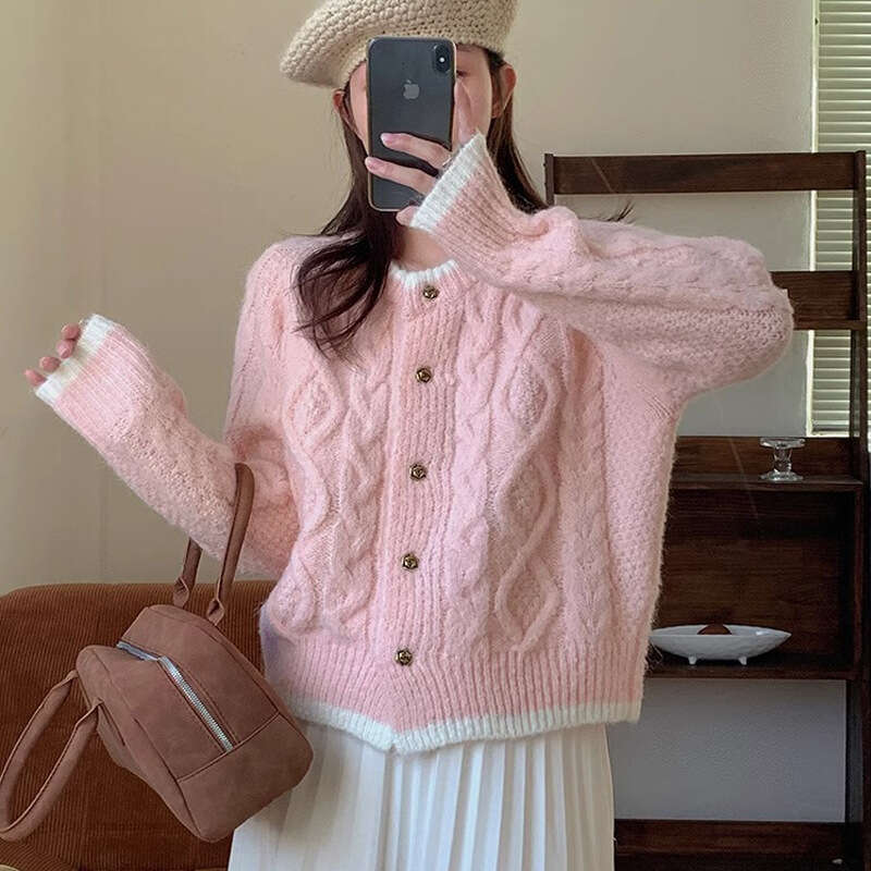 Milky Blue Short Top Braided Knit Cardigan For Women Early Spring And Autumn Soft Lazy Style Sweater Coat B5