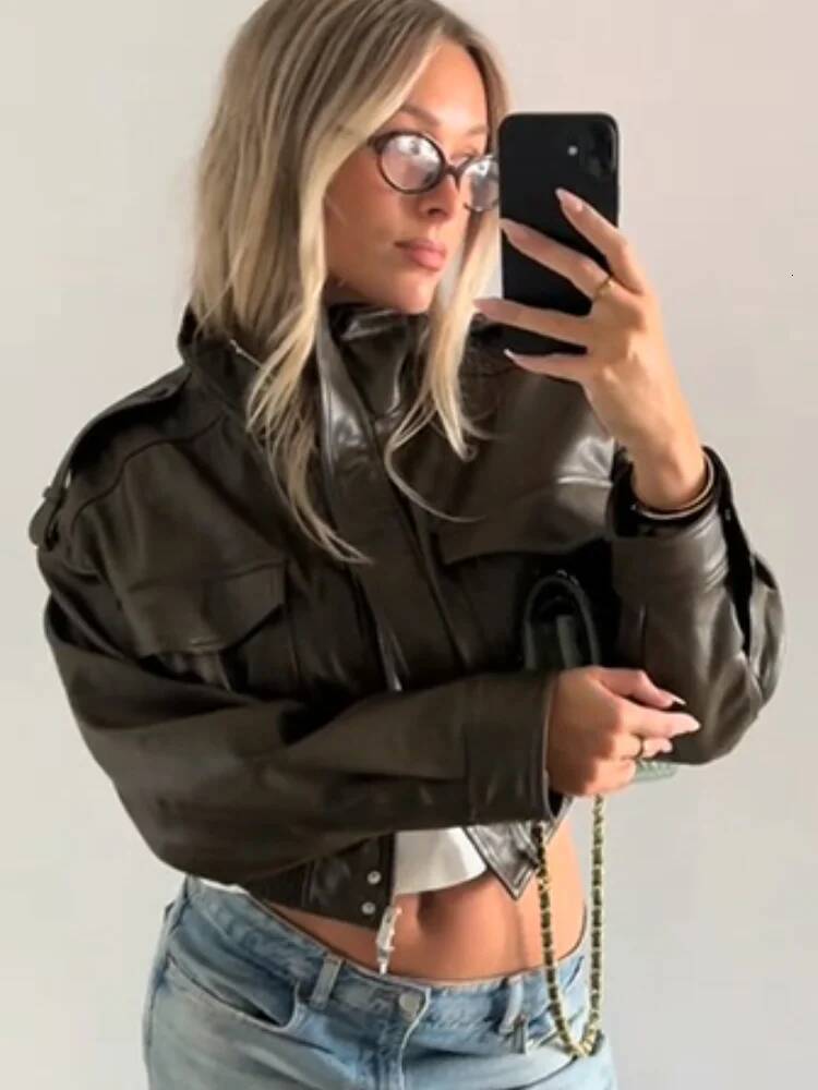 winter jacket women Autumn Leather Bomber Jackets Women Chic Y2K Long Sleeve High Collar Zipper Motorcycle Coats Lady Street Cropped Outerwear