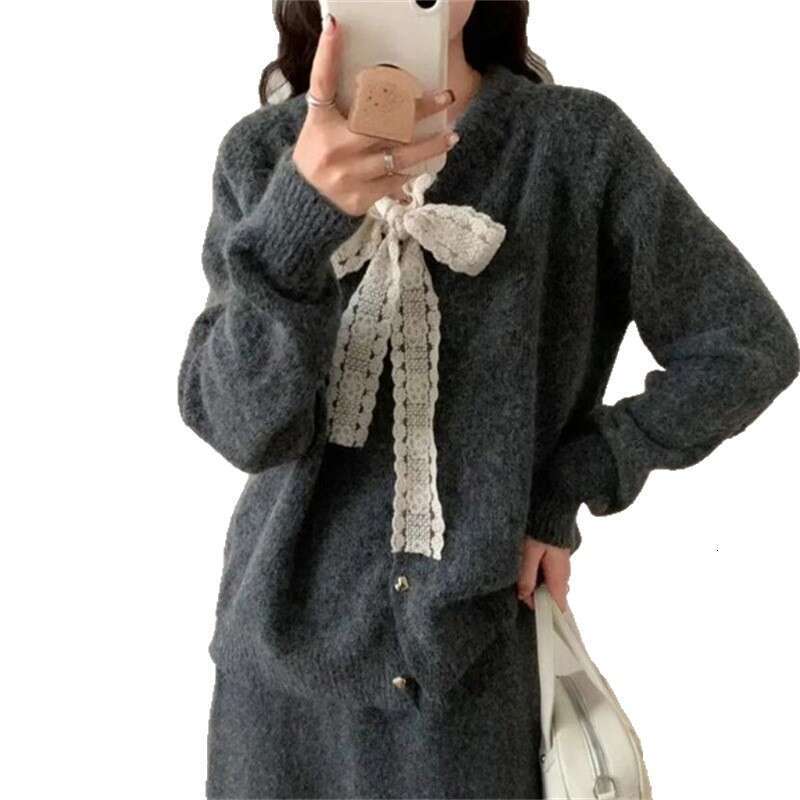 Gentle Temperament for Women, Autumn and Winter 2025 New Lace-Up Sweater A-Line Knitted Skirt Solid Color Two-Piece Set