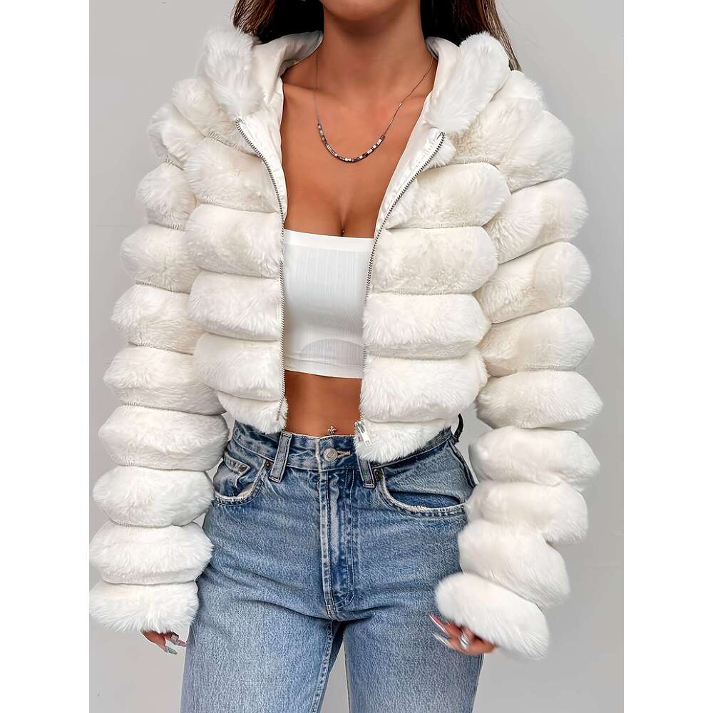 Women's Winter White Plush With Hood Oversized Jacket, Thick Luxurious Cold Weather, Hine Washable Outerwear No Dry Clean, Cozy Jacket For Partie