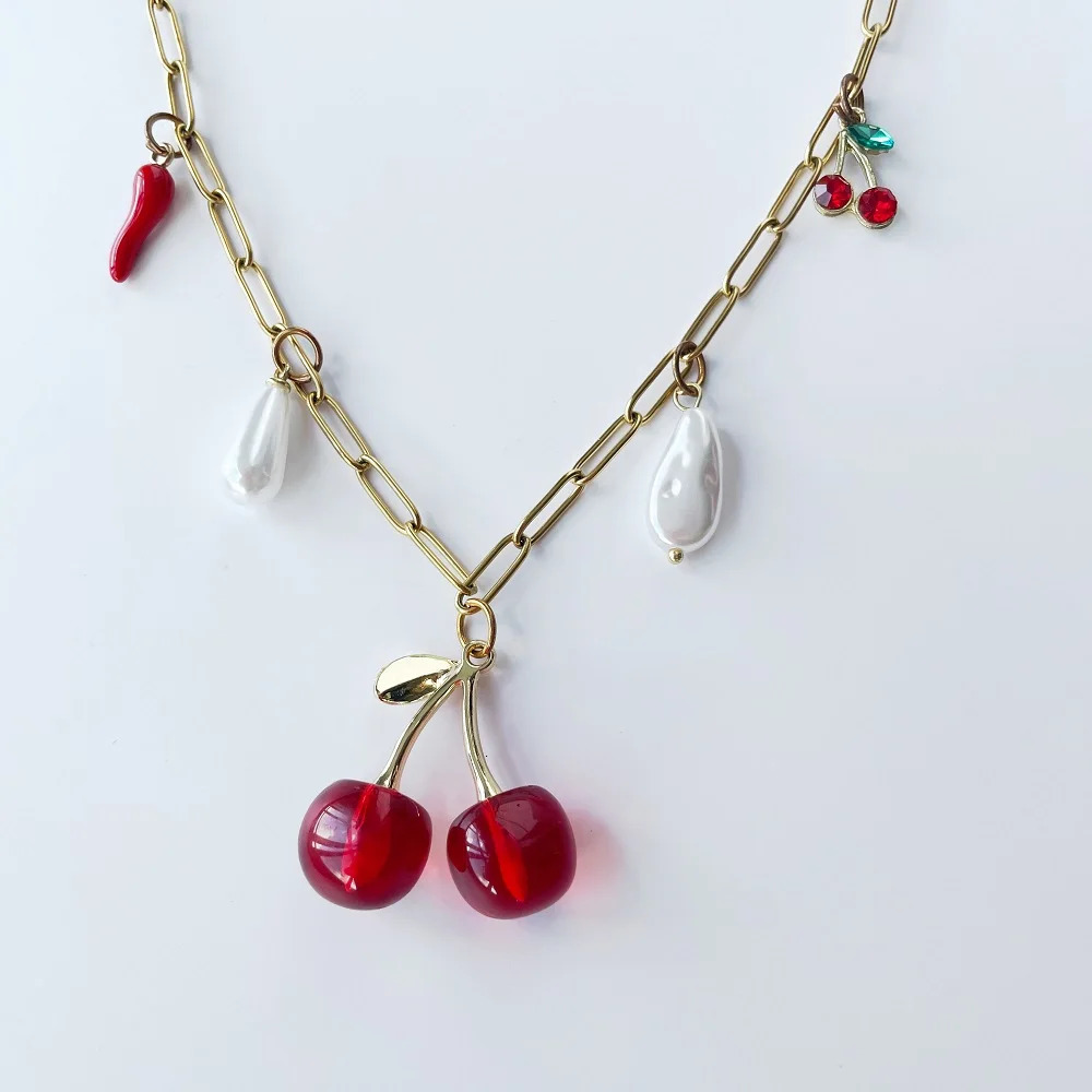 Red Pink Cherry Bandana Necklace for Women Girls with Charms Scarf Pendant Daily Wear Fashion Accessory 251031