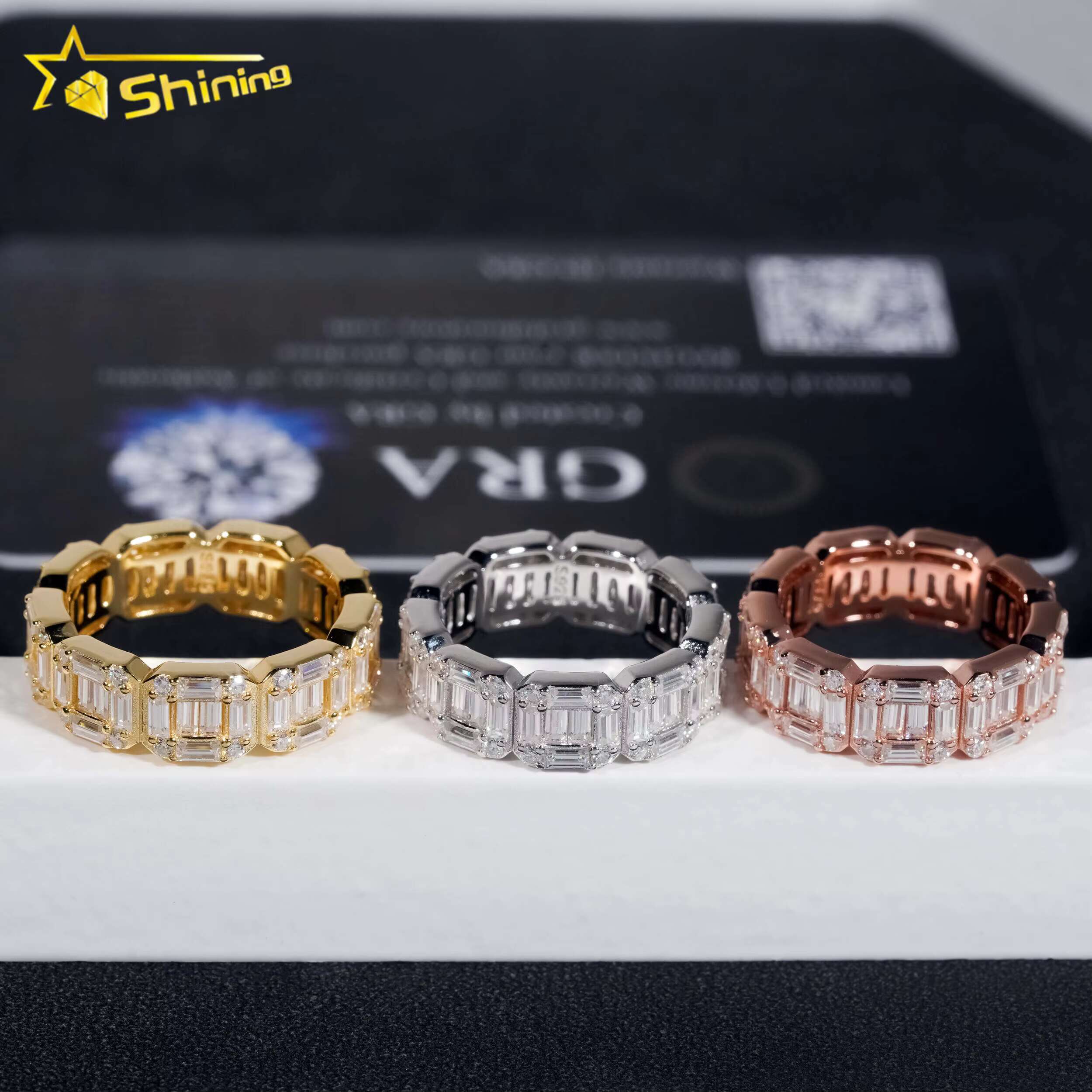 Certified 925 Sterling Silver Gold Plated Hip Hop Jewelry Baguette VVS Diamond Moissanite Hip Hop Band Ring