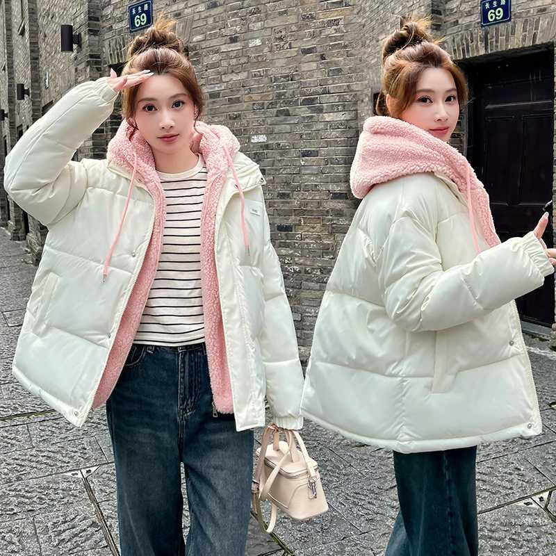Fashion New Thick Wool Coats Loose Winter Down Cotton Padded Jackets Loose Womens Fake Two-piece Coats Hooded Quilted JacketT251105