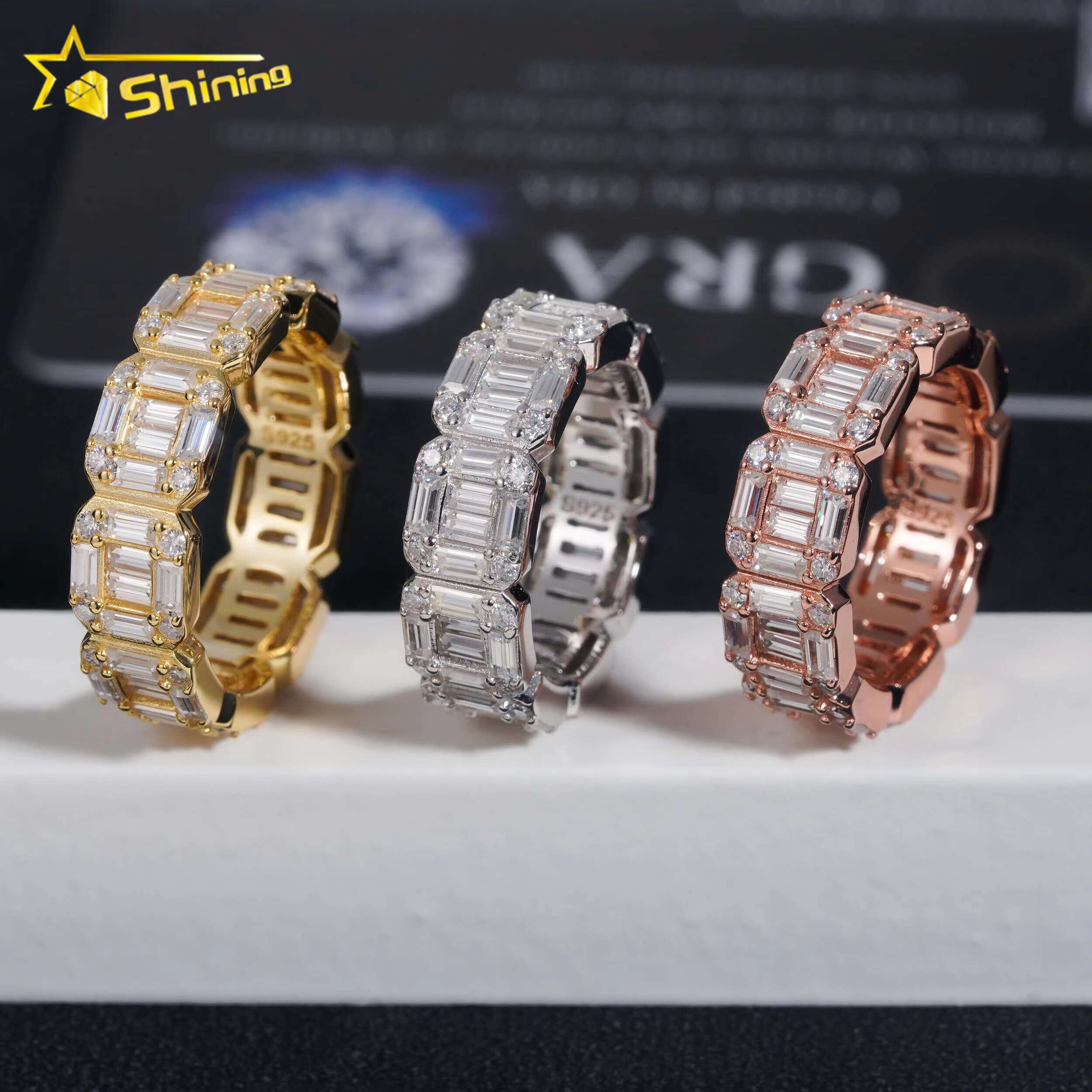 Certified 925 Sterling Silver Gold Plated Hip Hop Jewelry Baguette VVS Diamond Moissanite Hip Hop Band Ring