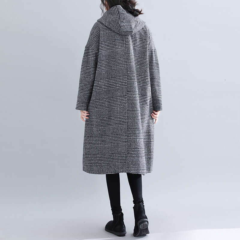 Autumn Winter Women's New Houndstooth Pattern Korean Style Plus Size Loose Slimming Versatile Long Woolen Trench Coat B5