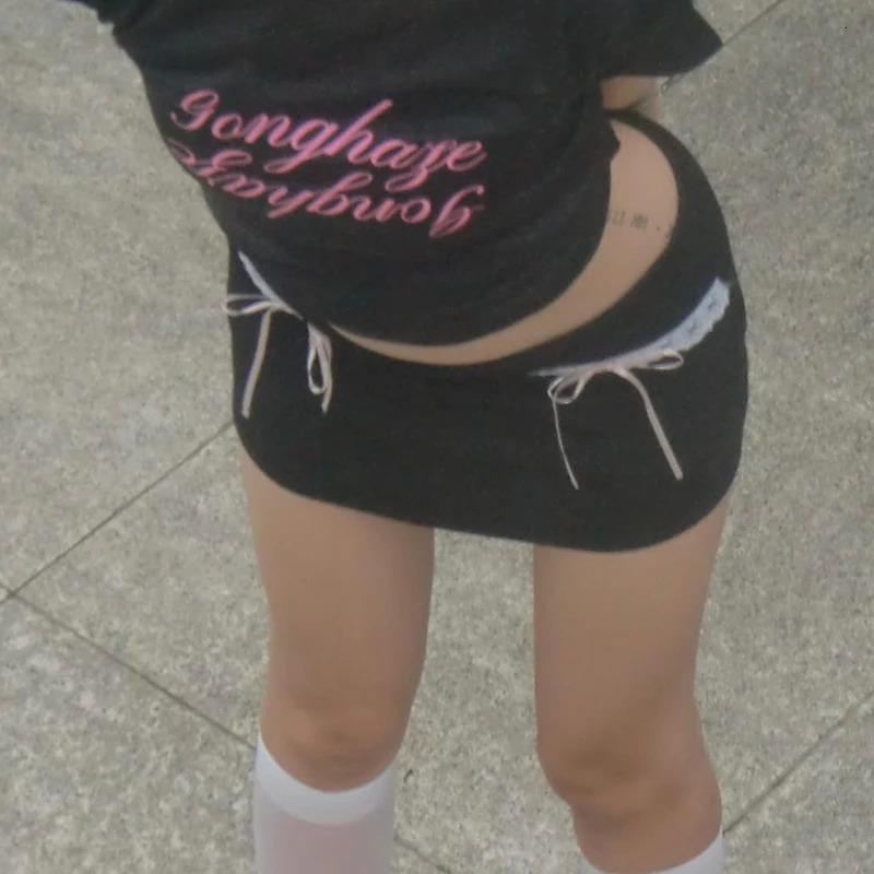 Candy Y2K Bow Lace Up High-waist Hip Skirts Chic Lace Stitch Black Skirt Summer Streetwear Vacation Bodycon Short Dresses 250402