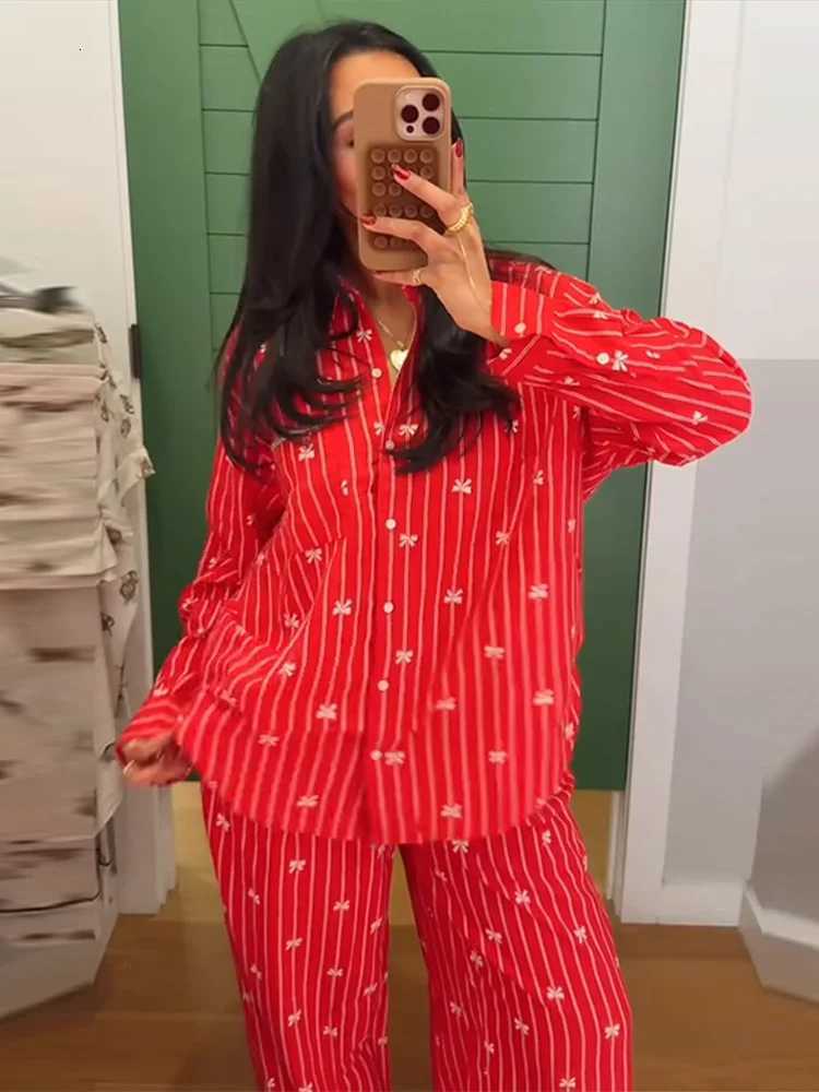 Print Pajama Skirt Pant Loose Two Piece Suit Lapel Neck Full Sve Top Empire Waist Pant Set 2025 Female Christmas Outerwear W251104