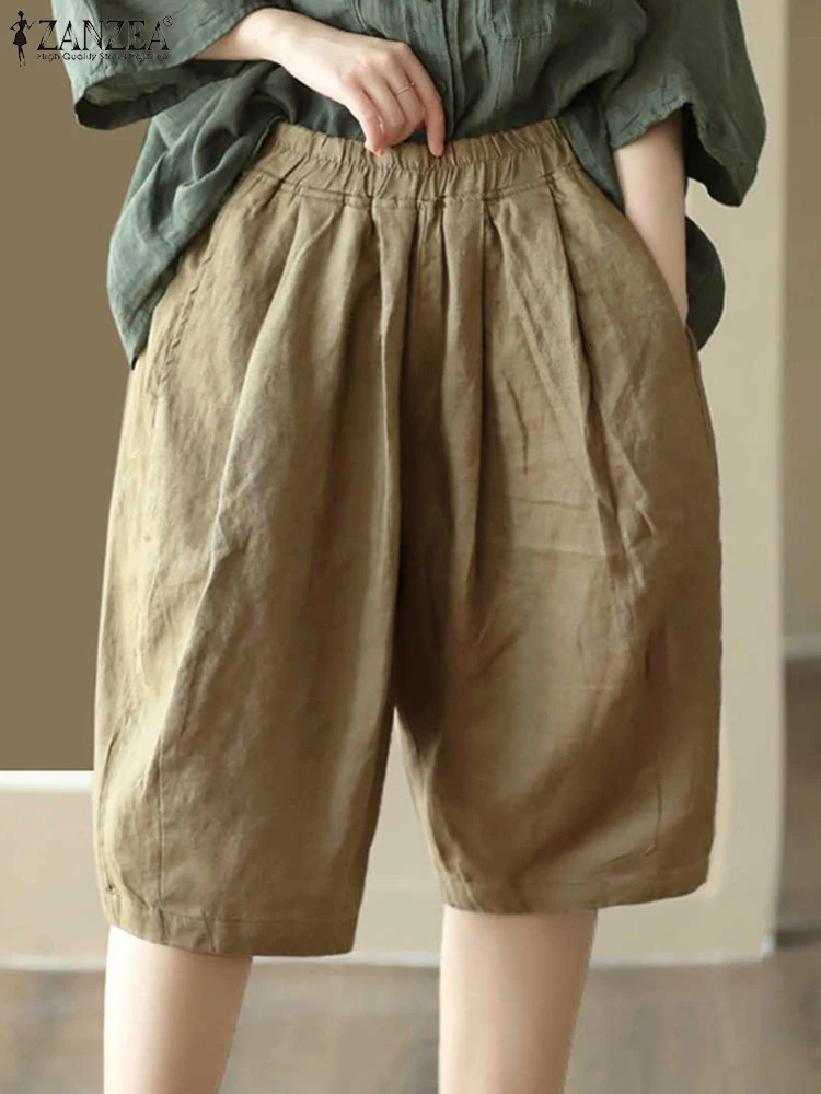 Fashionable elastic waist pleated shorts ZANZEA womens holiday summer 2025 Korean Pantalons casual loose cotton sole 250401