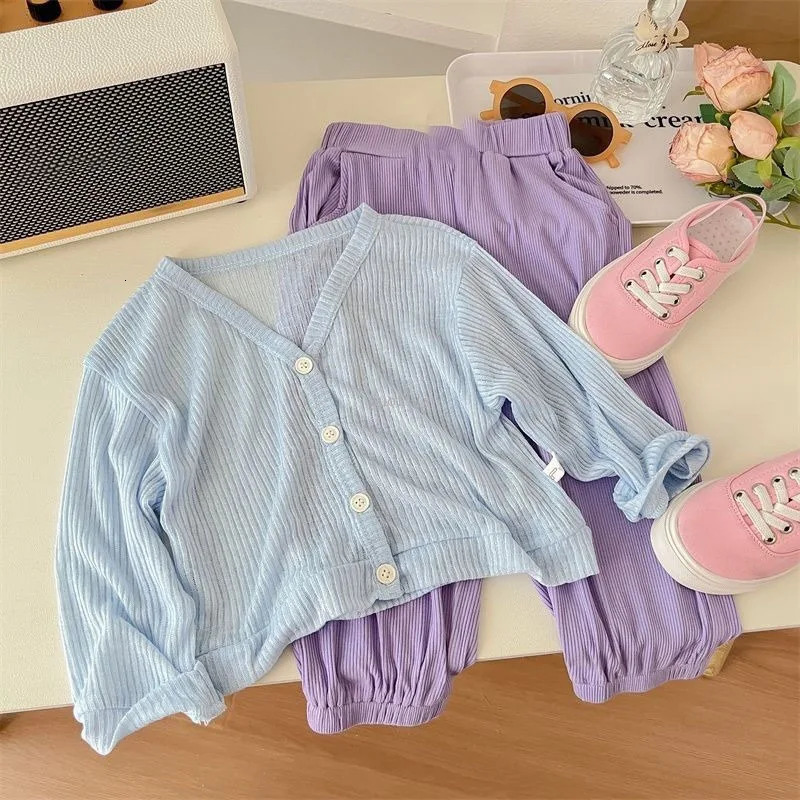 Girls summer thin cardigan wool sweater breathable outdoor childrens sunscreen set Coats solid baby air conditioning clothing 250325z