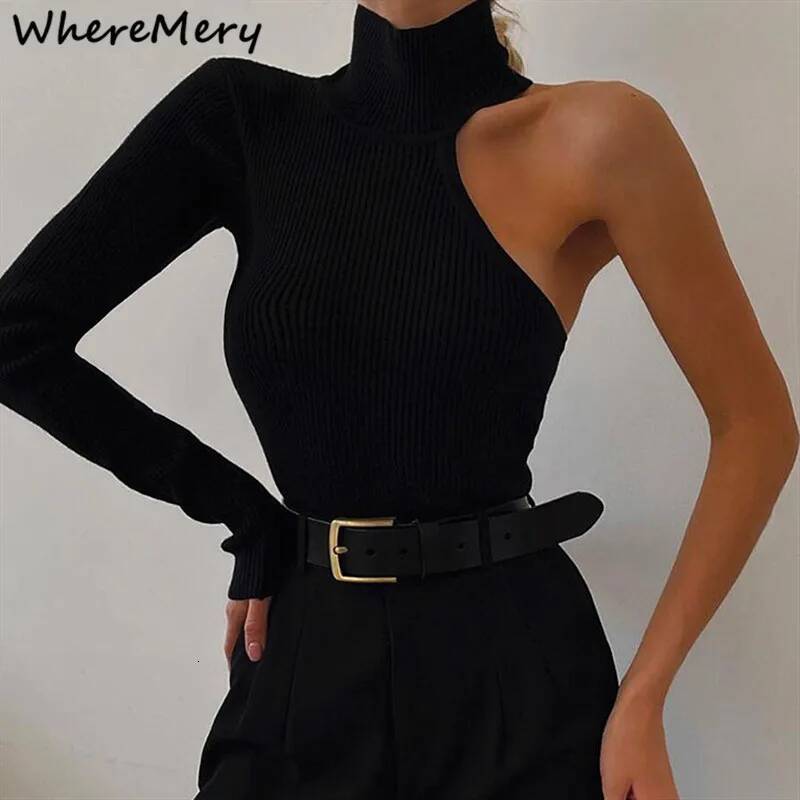 winter jacket women WhereMery French Women's Sexy Off Shoulder Small High neck Long Sleeve Jumpsuit Spring Hot Girl Slimming Irregular Chic T-shi