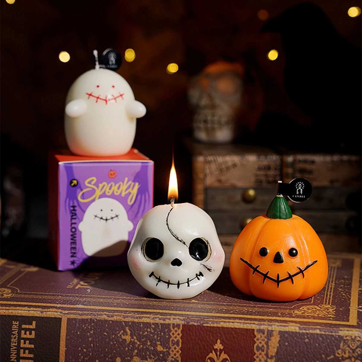 1/3pcs Halloween Scented Candles Set - Spooky Pumpkin Ghost Skull Soy Wax DecorAutumn Festive Home Gifts Trio C251105