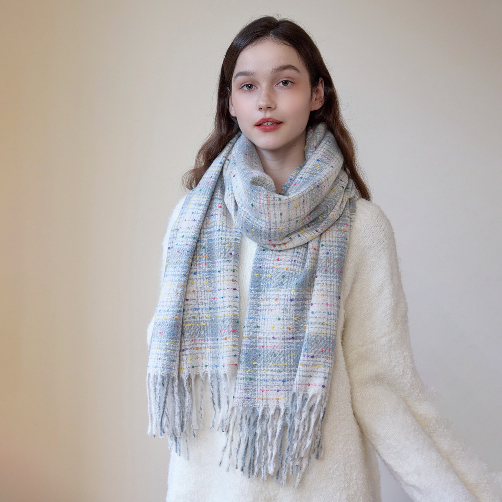 K314 Galaxy Colored Sugar Beans Korean Retro Cashmere Plaid Scarf Women Winter Whitening Soft Glutinous Warm Couple Neck Scarf
