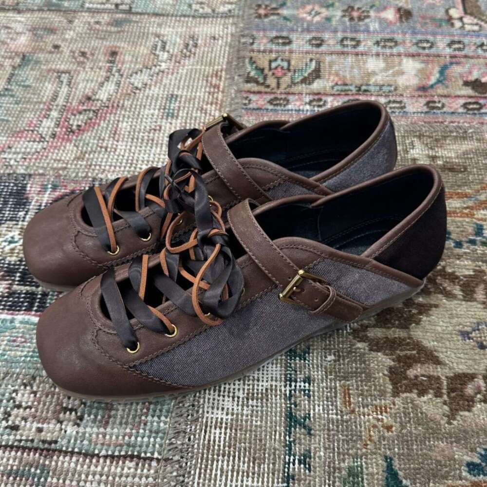 2025 Shallow Mouth Lace-Up Ballet for Women Spring New Genuine Leather Round Toe Ribbon Designer Shoe Flat Training Shoes