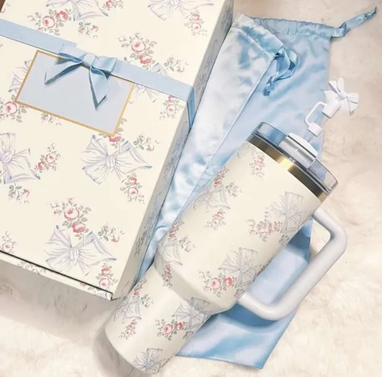 US STOCK With Floral Gift Boxes 40OZ Cups Insulated Stainless Steel Tumblers 40oz Rose Double Wall Vacuum Sealed Travel Mugs Big Capacity Water Bottle