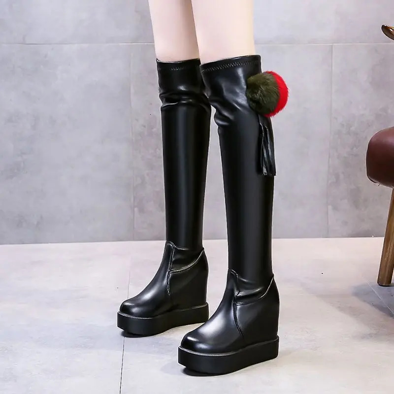 Knee Thigh High In Womens Boots Genuine Leather Fur Long Shoes for Women Winter 2025 Wedges Chunky Platform Heeled Black 251031