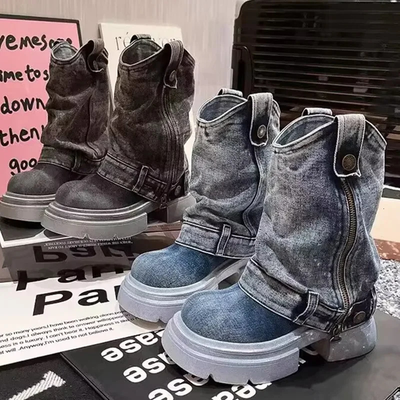 Womens denim ankle boots round toes thick soled zipper buckle womens shoes solid color low heel 250402