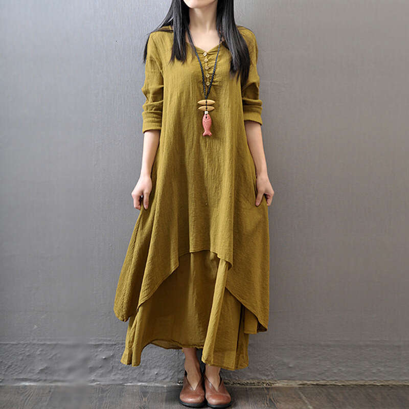Spring And Autumn New Fake Two-Piece Artistic Flared Loose Long Sleeve Cotton Linen Dress B5
