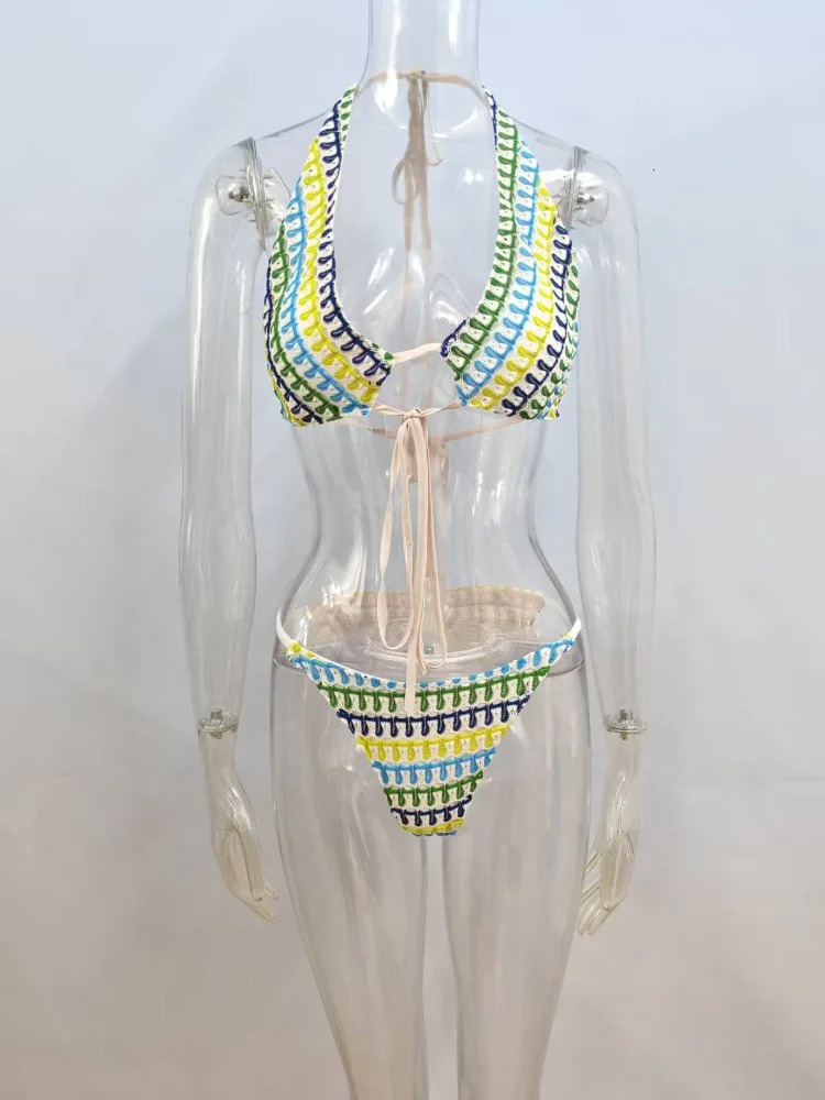 Green Knitted Beach Skiing 3-Piece Fashion Holiday Bohemian Bikini and Slit Skiing Set Summer Elegant Sexy Dress Set 250401