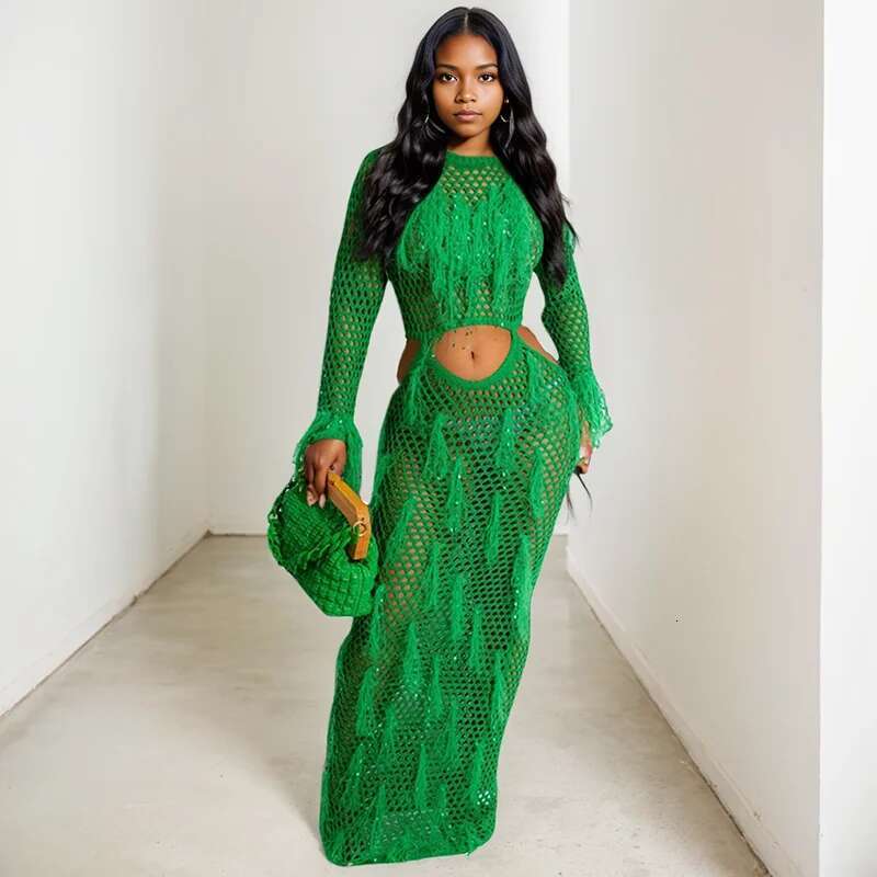 Women's Fashion Long Sleeves Knitted Female Hollow Out Tassel Casual Dresses Spring New Arrival 33A3872