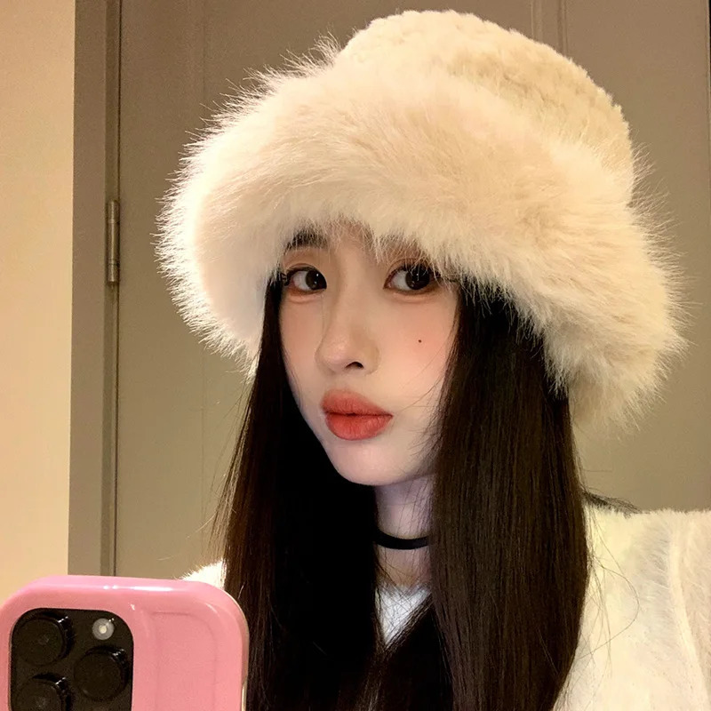 Classical Black White Fluffy Fur Women Bucket Hat Winter Thicken Plush Warm Mongolian Cap JK Korean Cold-proof Furry Basin Caps 251105