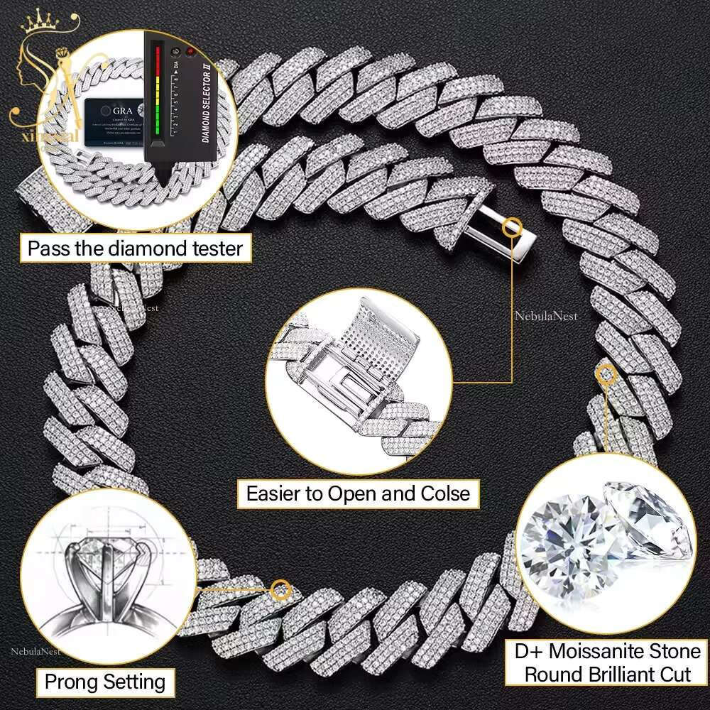 sial Custom 3 Rows 16mm 18mm 20mm S Sier Necklace iced Out Hip Hop VVS Moissanite Baguette Cuban k Chain For Men