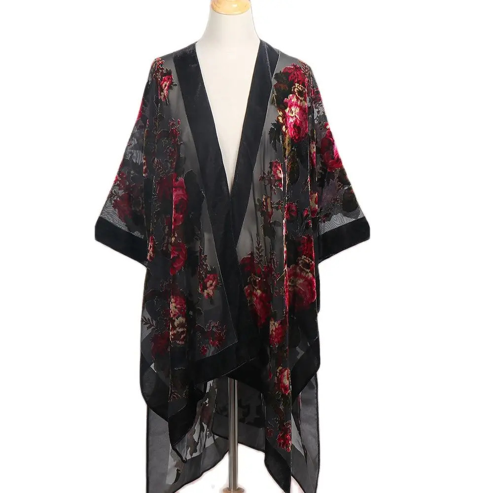 WeHello Bohemian Womens Burnout Velvet Kimono Long Cardigan With Beach Coverup Holiday Cardigan Shawl Tassel Chiffon 250403