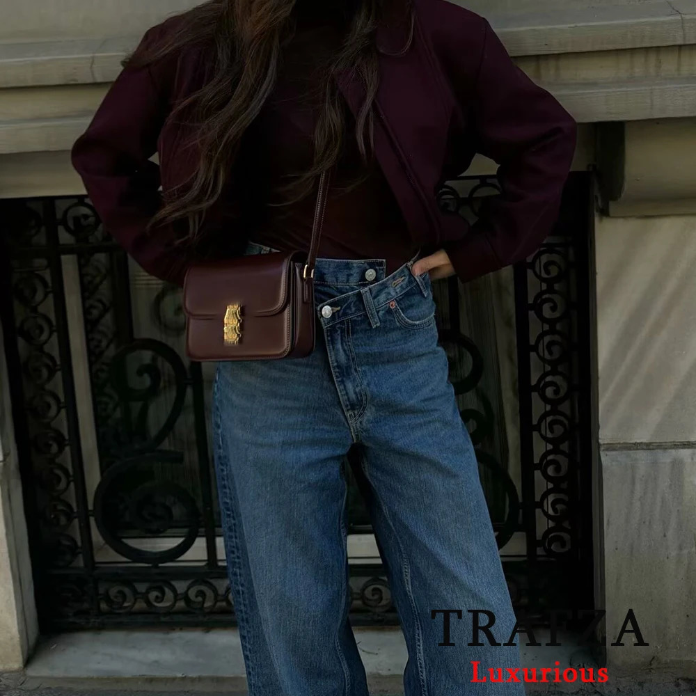 TRAFZA Streetwear High Waist Trouser Womens Light Grey Button Wide Leg Fashion Young Tight Pants 250403