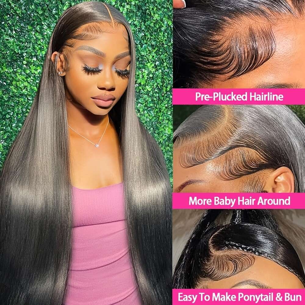 Brazilian Virgin Human Straight Front 13X4 HD 180% Density Glueless For - Pre-Plucked With Baby Natural Black, Full Lace Versatile Wig, Sleek Hair Wig