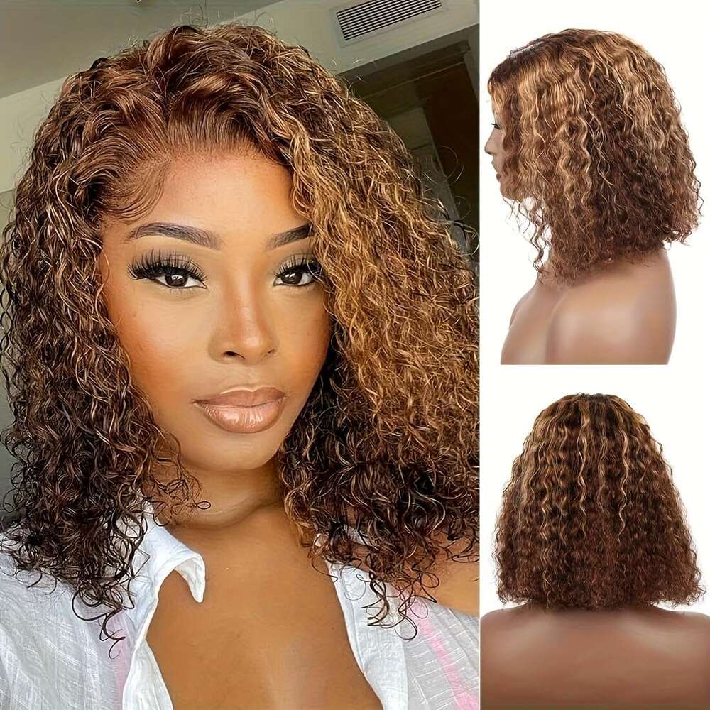 250% Density Glueless With Transparent Front - Natural Brown Blonde Ombre Highlights, Pre-Cut Pre-Plucked Hairline, Deep Wave Human 13X4 Lace Hair Wig
