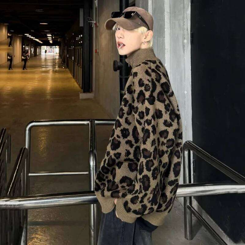 American Vintage Leopard Print New Sweater Knit Cardigan Y2k Gothic College Men And Women Loose Lazy Wind Casual Joker Coat Designer Sweater Bear Swea