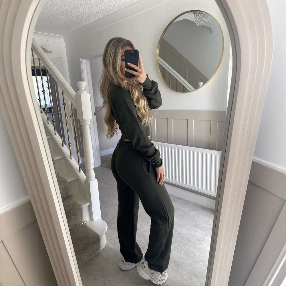 European And American Women's Autumn Winter New Fashion Casual Solid Color Zipper Cardigan Straight Pants Suit B5