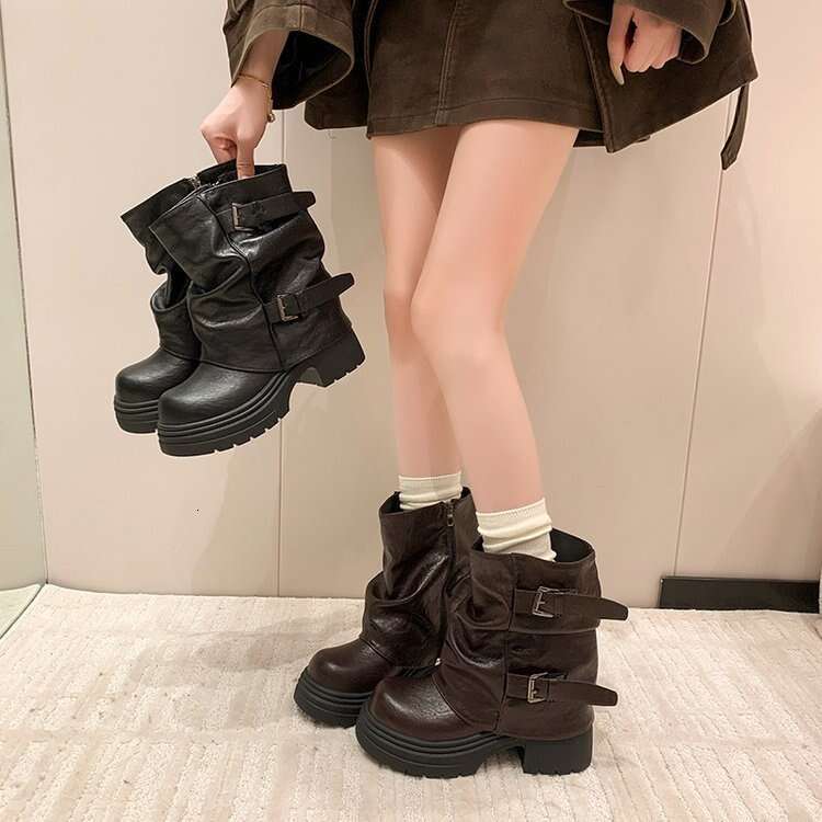 High Quality Fashion Two-Way Belt Buckle Cuff Short 2025 Autumn New Slimming Casual Slouchy Long Tube Riding Boots for Women Women's Leather Boot