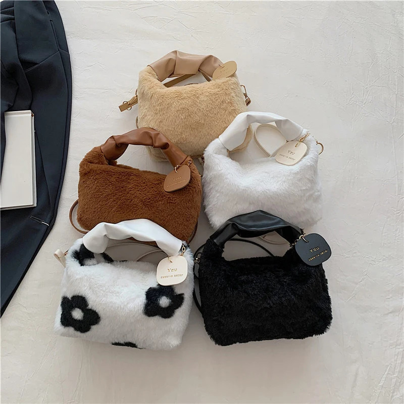 Womens artificial fur plush handbag Ruched handle small womens shoulder cross body bag casual half moon homeless winter 250401