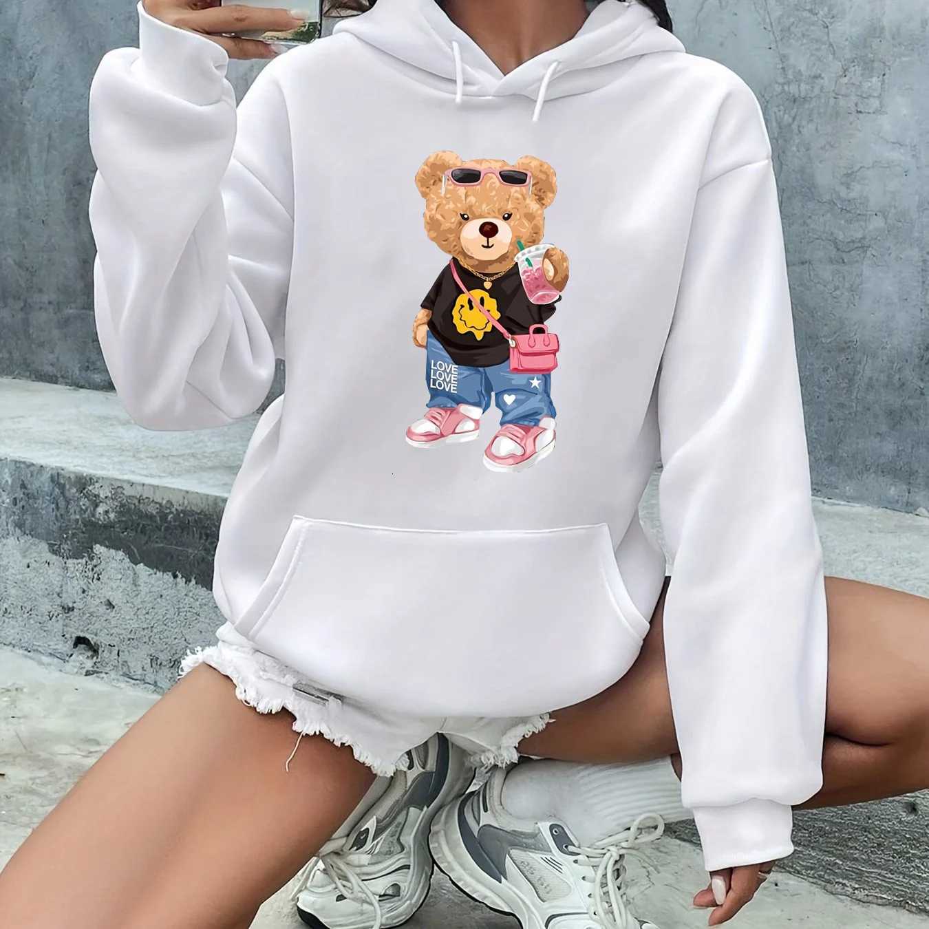 Womens autumn and winter fashion casual loose cartoon bear print round neck long sleeved drawstring hooded pulloverT251105