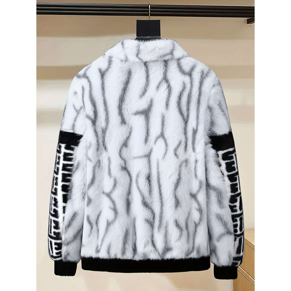 Men's Winter White Black/Gray -Like Jacket - Lapel Collar Full-Zip Coat With Imitation Fox Hood-Like, Hand Washable Cold-Weather Outerwear For Ca