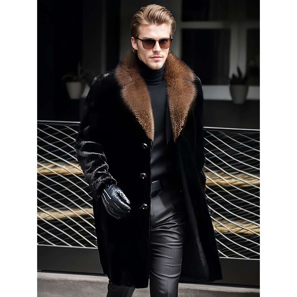 Warm Coat Winter Warm Faux Fur For Men | Thickened Fece-Lined Long Coat With Lapel Collar, Sing-Breasted Button Front Pockets, Black Casual & Business