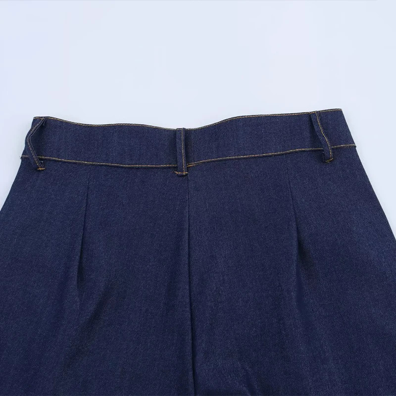 Willshela Womens Fashion Denim Blue Folded Front Zipper Straight Pants Jeans Retro High Waist Full Length Trouser 250403